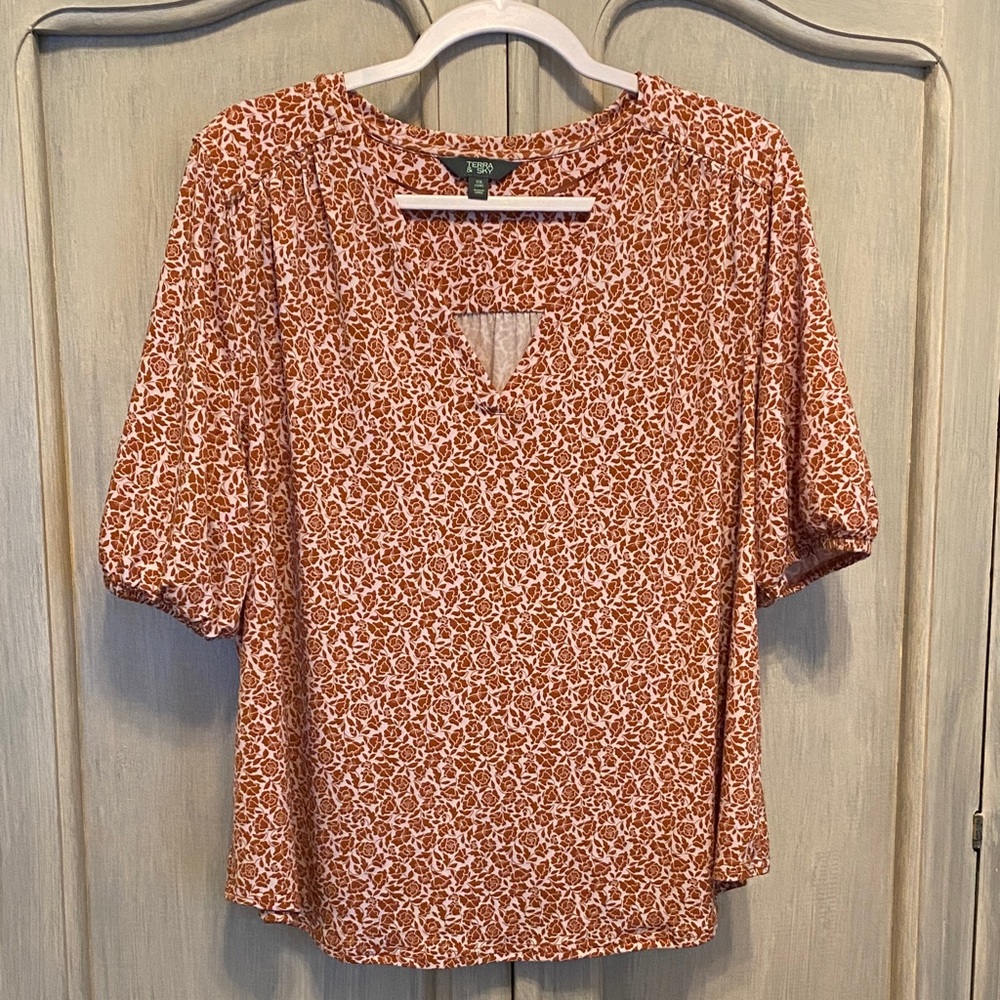 Terra & Sky Rust Floral Short Sleeve Peasant Blouse
